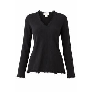 Peck & Peck 100 %Pure Cashmere Sweater Womens Medium Black V-Neck Distressed Hem